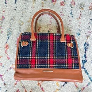Red and Blue plaid and faux leather bag